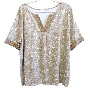 Isaac Mizrahi Live Printed Elbow Sleeve Top With Split Neck Beige Sz 2X A645057